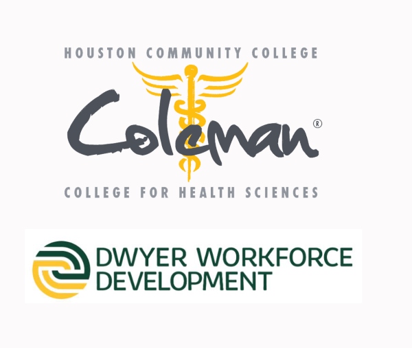 Houston Community College Coleman College for Health Sciences logo and Dwyer Workforce Development logo