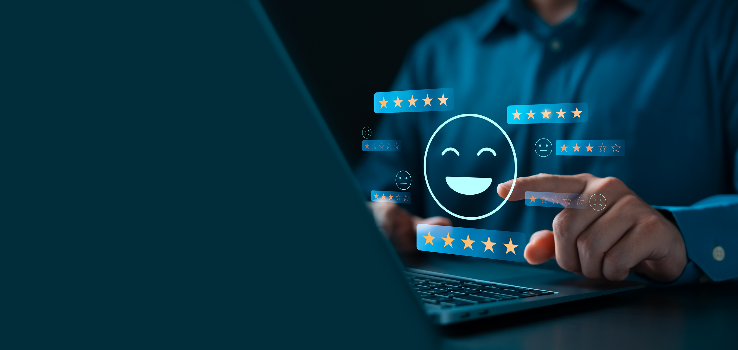 Person using a laptop to rate customer service
