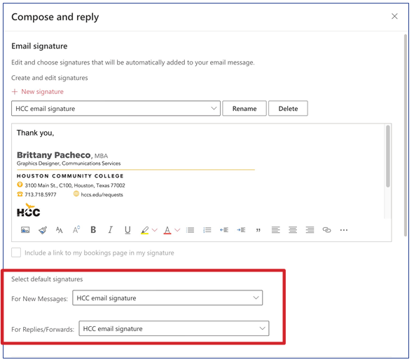 9.	Under Select default signature, set the new signature as the default for New messages and/or Replies/forwards